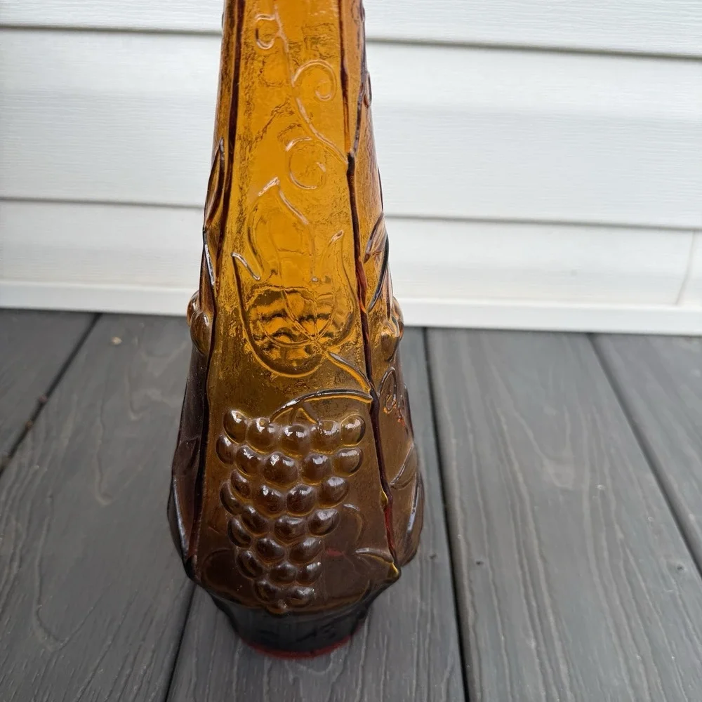 Vintage Empoli Amber Glass Decanter Fruit Grape Embossed Genie Bottle Stopper
